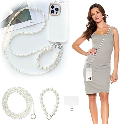 2Pcs Pearl & Beaded Phone Crossbody Lanyard with Wrist Strap,Universal Cell Phone Lanyard and Crossbody Phone Strap for Women,Chain,Includes 1 Tether Tab,for Most Phones, Bags,and Purses