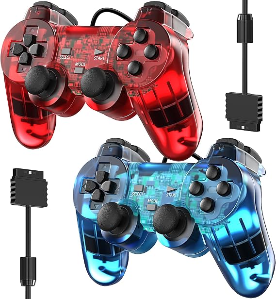 Degulan Wired Controller for PS-2 High Performance Gamepad Joystick Remote Compatible with Play 2 (ClearRed and ClearBlue)