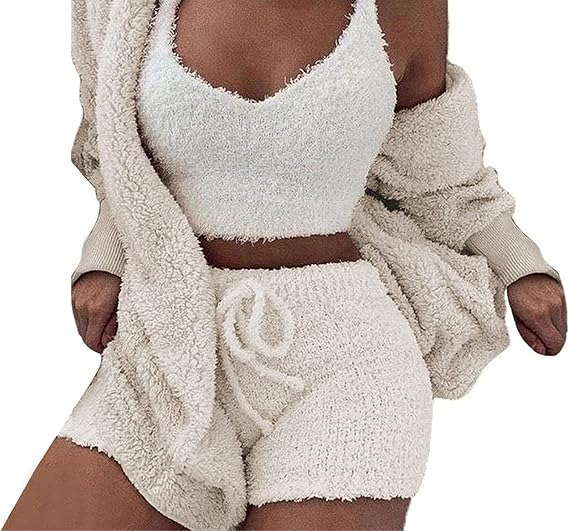 Cozy Knit Set 3-Piece, Women Sexy Warm Fuzzy Fleece 3 Pieces Outfits Pajamas Outwear and Crop Top Shorts Set