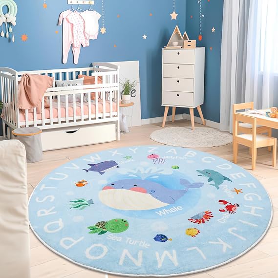 Soft Round ABC Rug for Kids Room,4 ft Washable Circle Rug,Non-Slip Whale Alphabet Kids Rug Carpet for Playroom Bedroom Kids Room Decor
