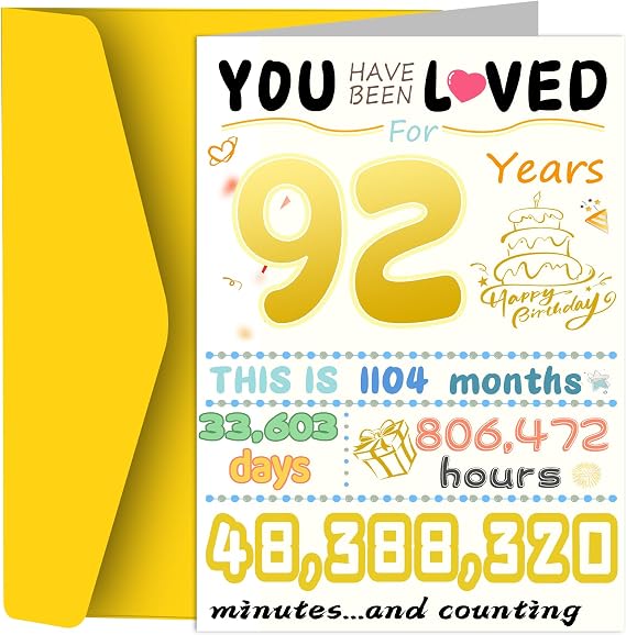 92nd Birthday Card, Funny Birthday Decorations for Women Men, Best 92 Year Old Birthday Gifts for Grandpa Grandma, Unique Creative Gift for Mother Dad