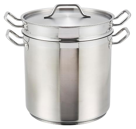Winco 8 qt Stainless Steel Double Boiler with Cover | Gentle heat prevents scorching, Secure riveted handles, Induction compatible