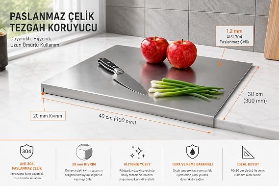 Stellica Paslanmaz Çelik 30x40 cm Tek Bükümlü Metal Tezgah Koruyucu Çok Amaçlı Kesme Tahtası