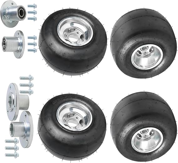 10x4.50-5 Front Tires and Rim + 11x7.10-5 Rear Wheels with 3 Lug Hubs, Smooth Slick Tubeless Go Kart Tire Set for Racing Go Kart ATV Quad Drift Trike Mini Bike Golf Cart Buggy 4 Wheeler Kart Racer