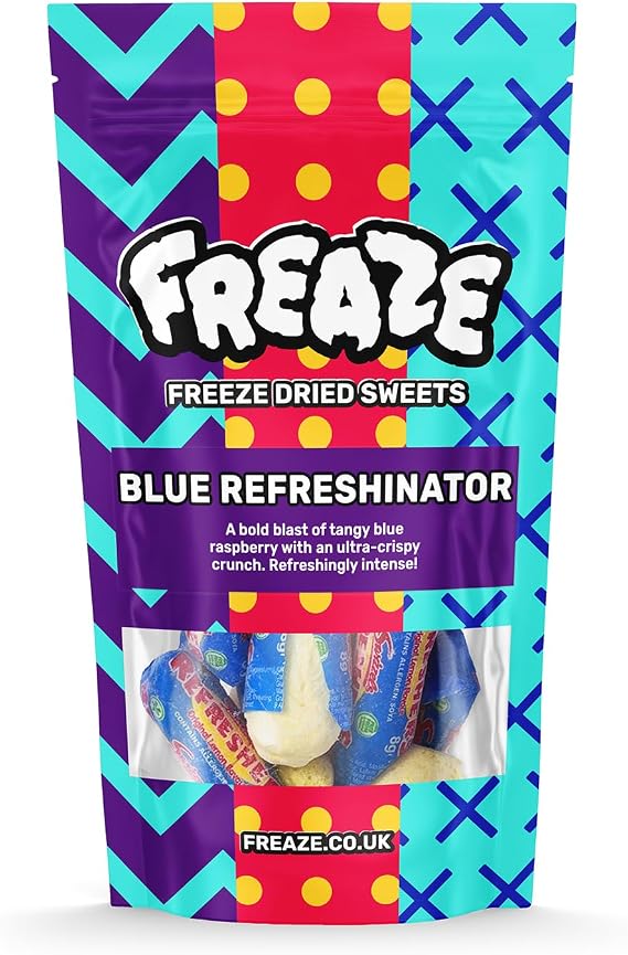 Freaze Blue Refreshinator Freeze Dried Retro Candy, Crunchy Fruit Candy, Tangy Fruity Snacks, Vegan and Halal Treats, Gluten Free Fruity Sweets, Rainbow Crunch Snack (Pack 1, Small Pouch (50gram))