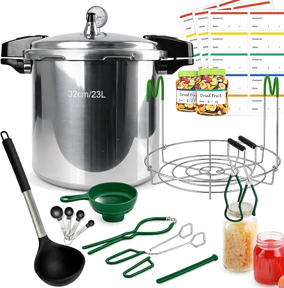 24 Quart Pressure Canner with Gauge & 9-Piece Canning Supplies Starter Kit Extra Large Aluminum Pressure Cooker for Canning, Induction Compatible, Safe Home Food Preservation