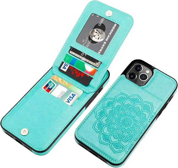Vaburs Compatible with iPhone 12 Pro Max Case with Wallet Card Holder,Embossed Mandala Pattern Flower PU Leather 5 Card Slots Kickstand Shockproof Flip Cover for iPhone 12 Pro Max 6.7 Inch(Green)