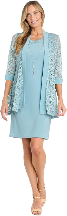 R&M Richards Women's Embellished Sequin Lace Jacket and Shift Dress with Necklace for Mother of the Bride & Cocktail Party