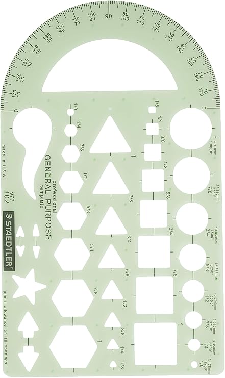 Staedtler Template, Geometric Shapes/Symbols, Protractor, Inch Scale, 9.5 x 5.5 Inches (977102)