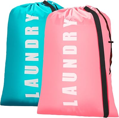 Heavy Duty Laundry Bag with Strap,2 Pack Travel Laundry Bags for Dirty Clothes,24 x 36 Large Laundry Bag for Traveling,Camping,Dorm Cyan  Pink