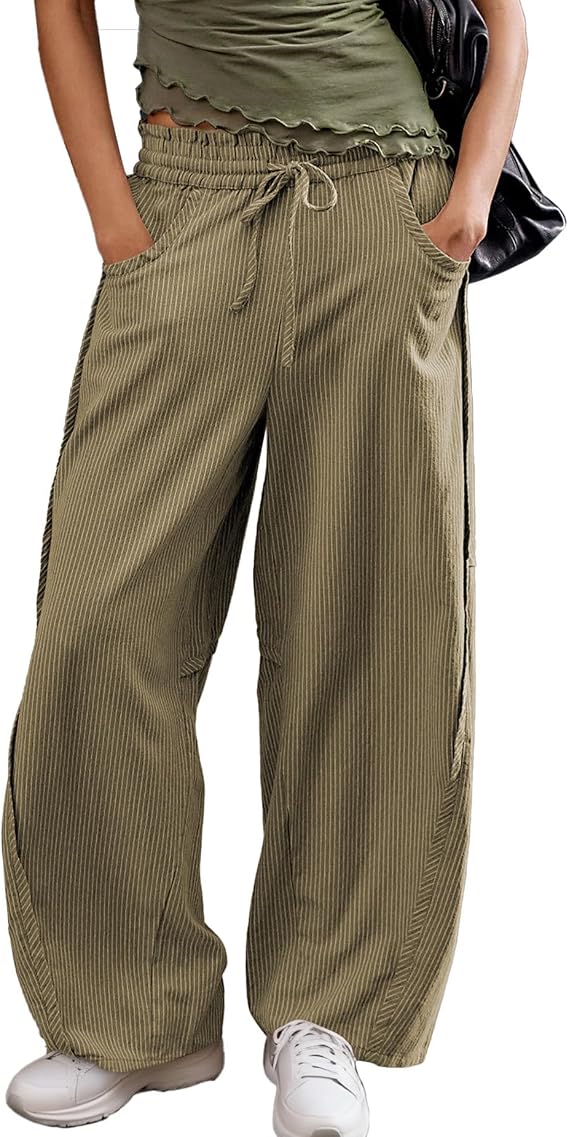 Baggy Barrel Wide Leg Palazzo Pants for Women Drawstring Waist Stripe Pull-On Lounge Trousers with Pockets(Brown,M)