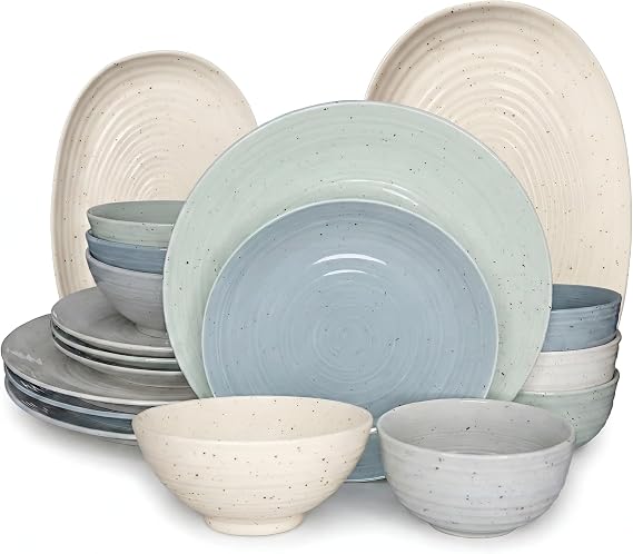 Sango Siterra Artist's Blend 16-Piece Stoneware Dinnerware Set for 4 with 2-Piece Speckled White Platters, Ceramic Plates and Bowls Sets for Everyday Dining
