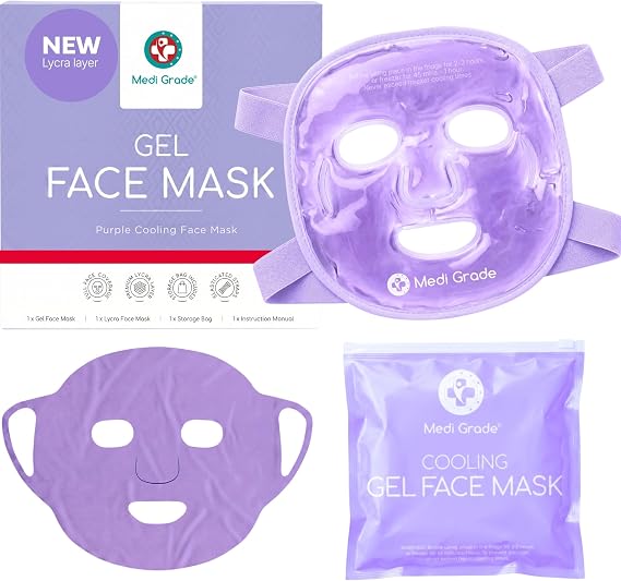 Medi Grade Cooling Face Mask, Gel Face Ice Pack with Lycra Mask, Purple