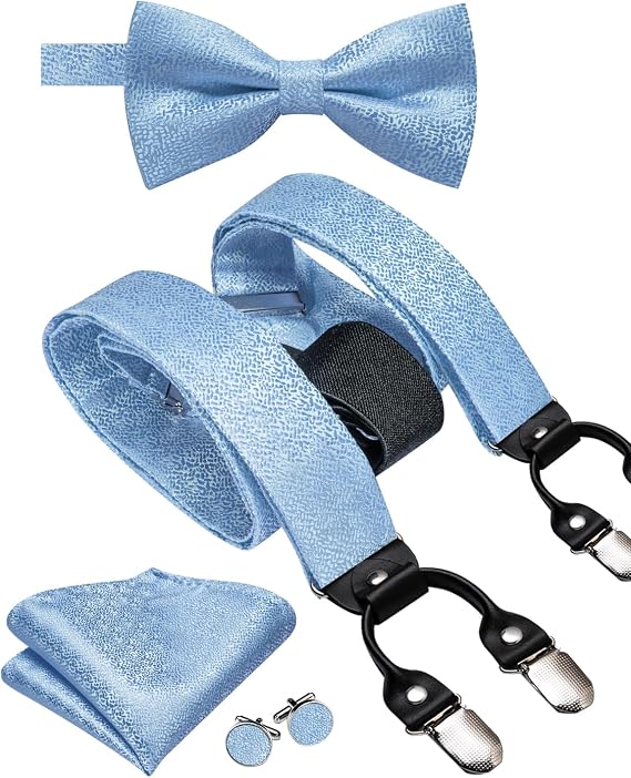Dubulle Suspenders and Pre-tied Bow Tie for Men Mens Paisley Y Heavy Duty 6 Clips Brace and bowtie Handkerchief Wedding Business