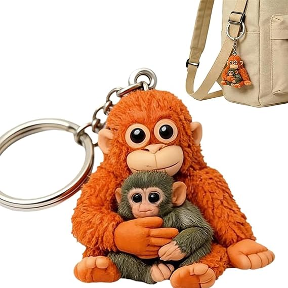 Punch The Monkey Keychain, 3D Cute Monkey Holding Plush Toy Hanging Keychain for Backpack Purse Car Keys Gift