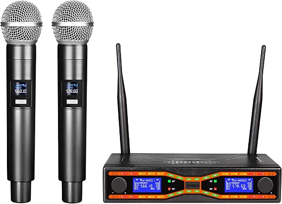 Depusheng MXR42 Wireless Microphone System,2 Dual Channel Professional Cardioid Dynamic Handheld Microphone Mic System Karaoke,for Singing, Karaoke, Church, DJ