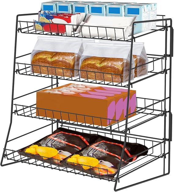 4 Tier Candy Display Rack, Metal Snack Rack Display Stand, Countertop Organiser Shelf for Packaged Crisps & Fruits, Tiered Wire Basket Shelf for Retail Stores Kitchen Office