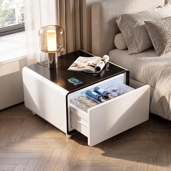Smart Refrigerated End Table With 65L Drawer, Wireless Charging, USB Ports
