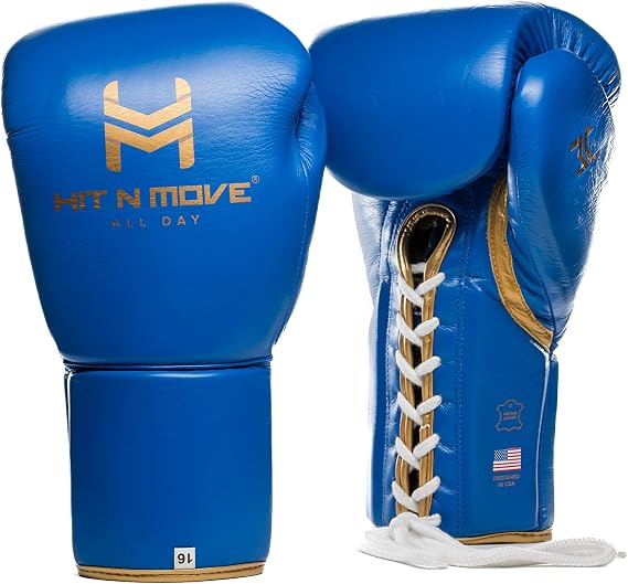 HIT N MOVE All Day Pro Balance Sparring and Bag Boxing Gloves LACE UP (Blue, 16 OZ)