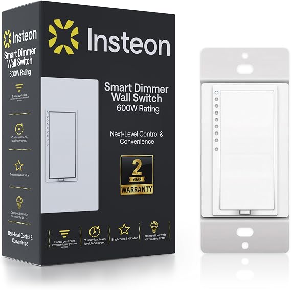 Insteon Smart Dimmer Wall Switch, 600W, Requires Neutral Wire, 2477D, White