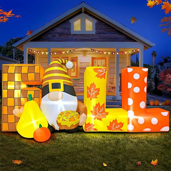 6FT Thanksgiving Inflatables Outdoor Decoration Inflatable Dwarf with Fall, Built in LED Lights Blow Up Yard Decorations for Fall Holiday Party Garden Lawn Decor