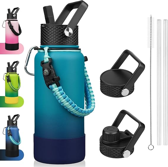 BJPKPK 32oz Insulated Water Bottle with 3 Lids, Straw Lid & Handle