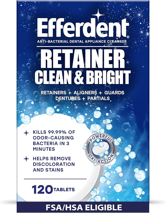 Efferdent Retainer Cleaner Tablets, Clean & Bright, 120 Count | Cleanser Tablets for Aligners, Mouth Guards & Night Guards, 3-Minute Daily, Dental Appliances, Tough Stain & Odor Remover