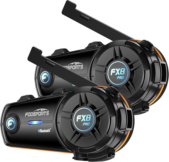 Fodsports FX8 PRO Motorcycle Bluetooth Intercom, 10-Rider Group Helmet Communication System, Music Sharing, Universal Wireless Interphone(APP/Waterproof/Stereo Music/GPS/2 Mics) (Double Pack)