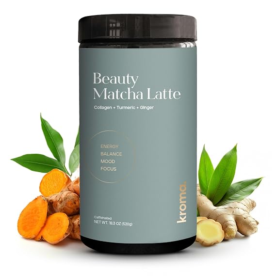 Kroma Beauty Matcha Latte Powder 17.75oz, 503g, 60 Servings Ceremonial Grade Japanese Matcha Green Tea with Collagen, Ginger, Turmeric & Adaptogenic Mushrooms for Daily Wellness & Rituals