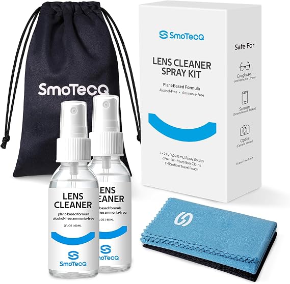 SmoTecQ Glasses Cleaner Kit Alcohol-Free, Plant-Based Spray + Ultra-Soft Microfiber Cloths for Eyeglasses, Screens & Cameras 2 x 2oz Spray Bottles + 2 Cloths + Travel Pouch Set