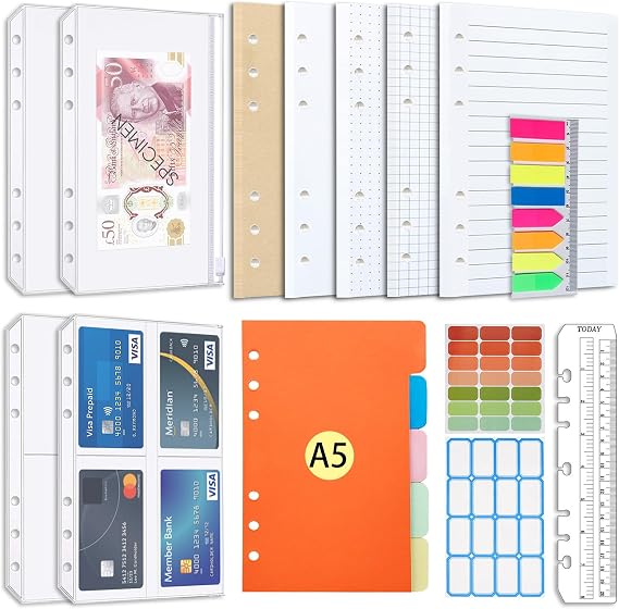 A5 Refill Paper Set, A5 Flipchart Paper with 6 Holes and Housekeeping Cards, Zip Pockets, Dividers, Rulers, Sticky Notes, Etc. for 6-Ring Binder Journal Notebook