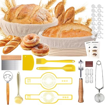 Aoocan Sourdough Starter Kit for Beginners, Bread Baking Supplies & Bread Making Tools 9 Inch Round & 10 Inch Oval Banneton Bread Proofing Basket Set with Dough Whisk, Lame, Scraper & Brush