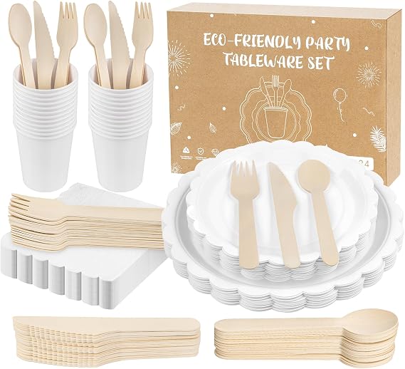 Anstore Party Plates with Scalloped Edge and Cutlery Cups for 25 Guests
