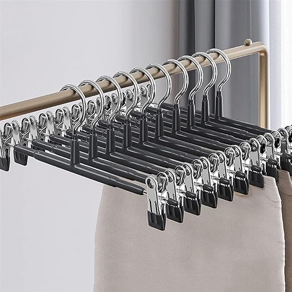 10 Pack Chrome Trouser Hanger,Heavy Duty Metal Pants Hangers, Skirt Hangers with Non-Slip Adjustable Clips,Space Saving Clothes Jeans Organizer
