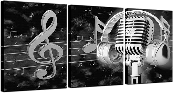 Biuteawal Music Artistic Paintings Wall Art Black White Microphone and Headset Note Picture Canvas Giclee Print Modern Home Studio Bedroom Decor Stretched and Framed Ready to Hang