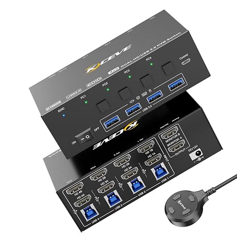 KVM Switch 2 Monitors 4 Computers, 4 Ports HDMI KVM Switcher 8K@60, 4K@144 Hz, with EDID Emulator for 4 PC Share Mouse Keyboard and Monitor, Stable Chip, Great Compatibility