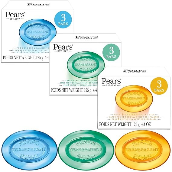 Pears Soap, Pure & Gentle Glycerin Soap Variety 9-Pack Blue with Mint Extracts, Green with Lemon Flower Extract, and Amber with Natural Oils, 4.4 Oz Ea