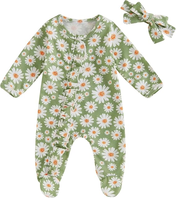 Newborn Baby Girl Clothes Fall Winter Long Sleeve Footie Romper Waffle Ruffle Zipper Jumpsuit Coming Home Outfit