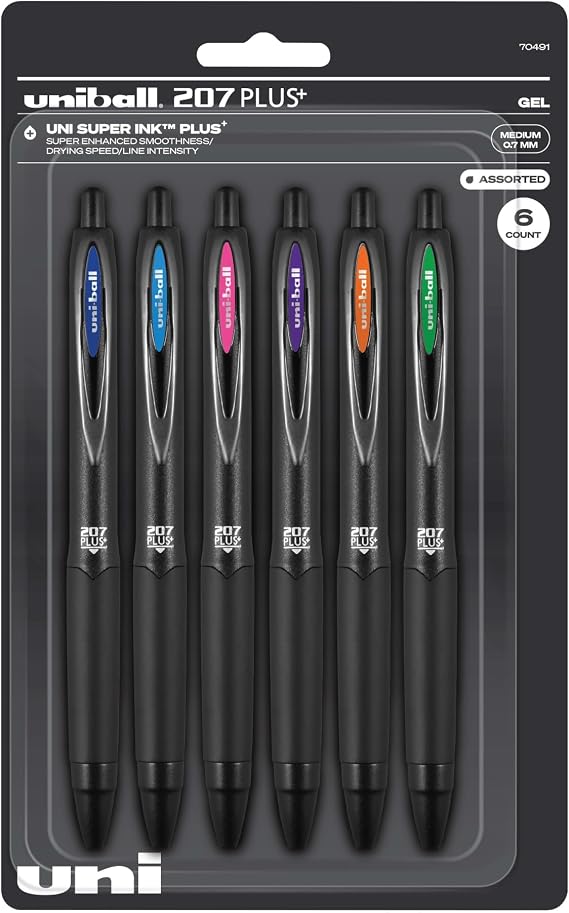 Uni-ball 207 Plus+ Retractable Gel Pens, Medium Point, 0.7 mm, Black Barrel, Assorted Ink, Pack Of 6 Pens