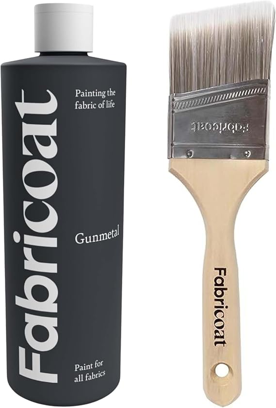 Fabricoat - Fabric Paint for Furniture 250ml (Gunmetal) + Angled Paint Brush | Firm Bristled Brush with Wooden Handle | Restore or Change the Color of Couches, Chairs, Upholstery