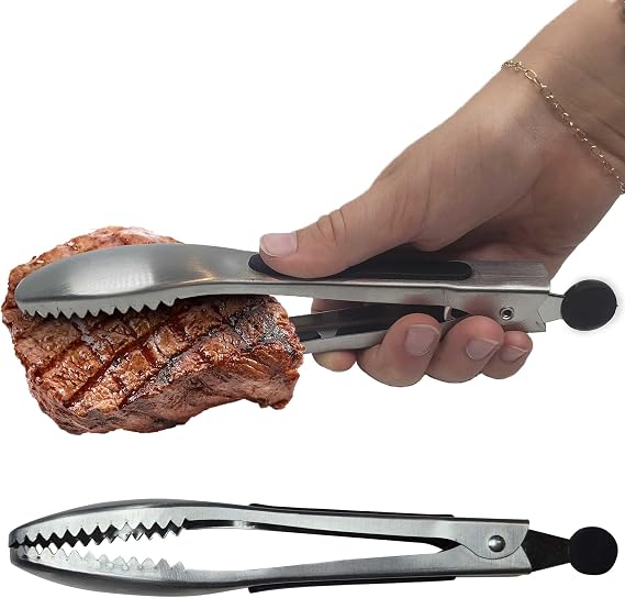 Kitchen Discovery Metal Tongs with Teeth for Nonslip Grilling, Cooking, and Serving Ice Tongs and Pasta Tongs Grip Slippery Foods Comfortable Cushioned Handles (Gripper Tongs)