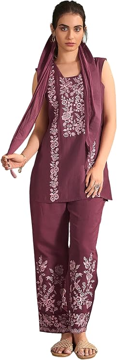Janasya Indian Women's Chanderi Silk Blue Embroidered Casual Wear Kurta Set for Women