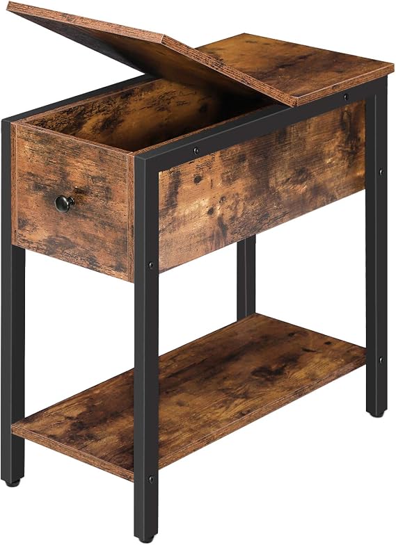 HOOBRO Narrow Side Table, Slim Bedside Table for Small Spaces, Flip Top End Table, Couch Arm Chair Side Table with Storage Shelf, Lamp Laptop Table for Sofa, Nightstand, Rustic Brown EBF348BZ01