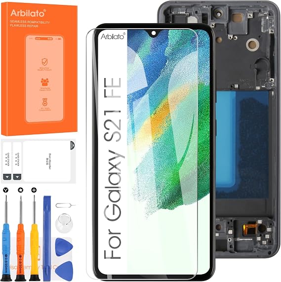 OLED Screen for Samsung Galaxy S21 FE 5G Screen Replacement for Samsung S21 FE 5G LCD Screen SM-G990B,SM-G990U Touch Display Digitizer Assembly Repair Parts With Frame(Black With Fingerprint Function)