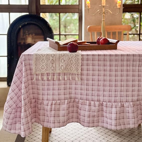 NSNLGSGC Pink Plaid Gingham Ruffled Tablecloth, 58"x84"