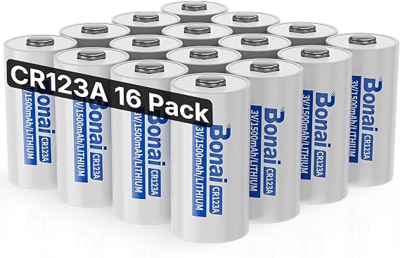 BONAI CR123A 3V Lithium Battery, 1500mAh High Capacity CR123 CR17345 Batteries for Smart Home Sensors, Flashlights & Security Systems, 10-Year Shelf Life, Non-Rechargeable (16 Pack)