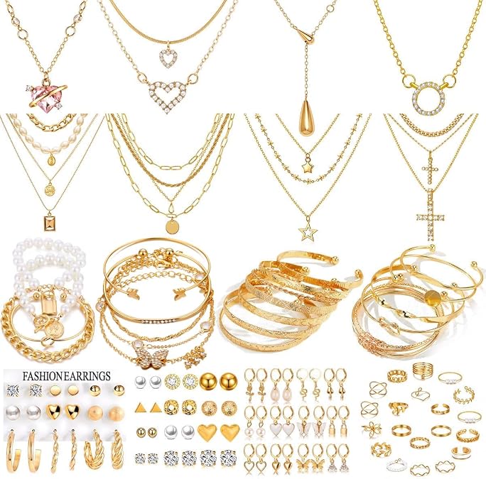 116Pieces Gold Plated Jewelry Set with 8 PCS Necklace, 22 PCS Bracelet, 66 PCS Stud Dangle Earring, 20 Pcs Knuckle Rings for Women Valentine Anniversary Friendship Gifts (GOLD SET)