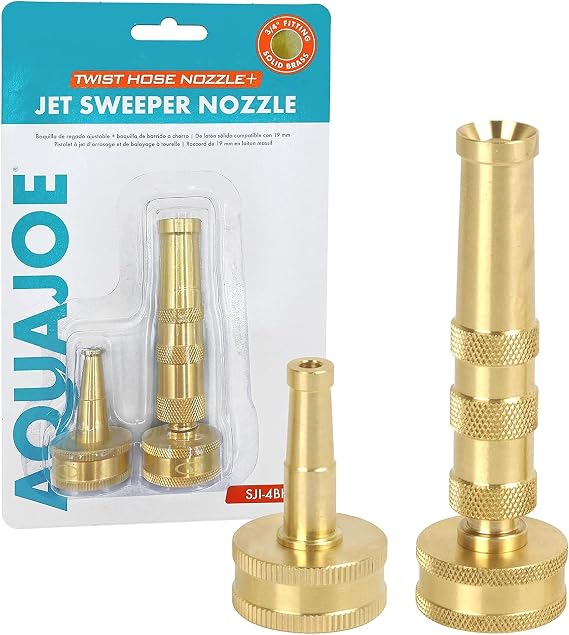 Aqua Joe Solid Brass Hose Nozzle Set - High Pressure Jet Sweeper + Twist Spray Nozzle, 2-in-1 Garden Hose Attachments, Compatible with Standard 3/4 in Hoses