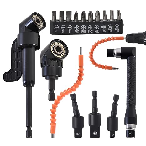 17Pcs Flexible Drill Bit Extension Kit, 1/4" 3/8" 1/2" Adapters