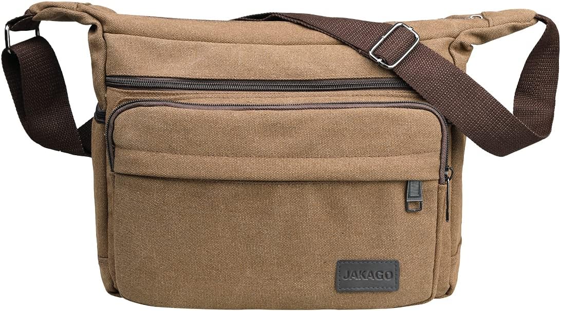 JAKAGO 13 Inch Canvas Messenger Shoulder Bag, Multi-Pocket for Men Women